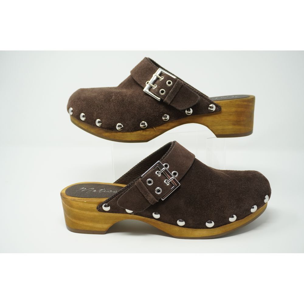 Matisse London Clog Dark Brown Suede Studded with Buckles Wooden Soles Size 9